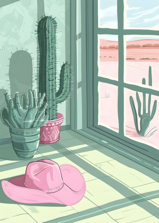 Pink Cowboy Hat and Cacti by Desert Window