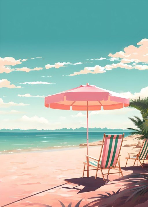 Serene Beach Scene with Pink Umbrella and Chairs