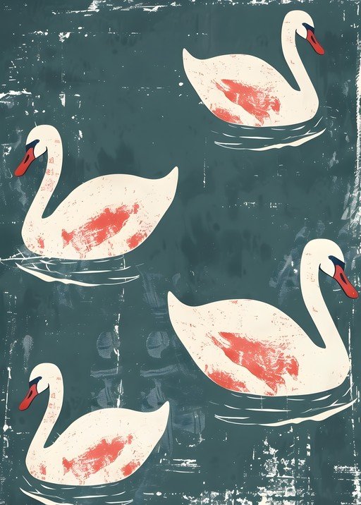 Four Swans Swimming in Textured Teal Water