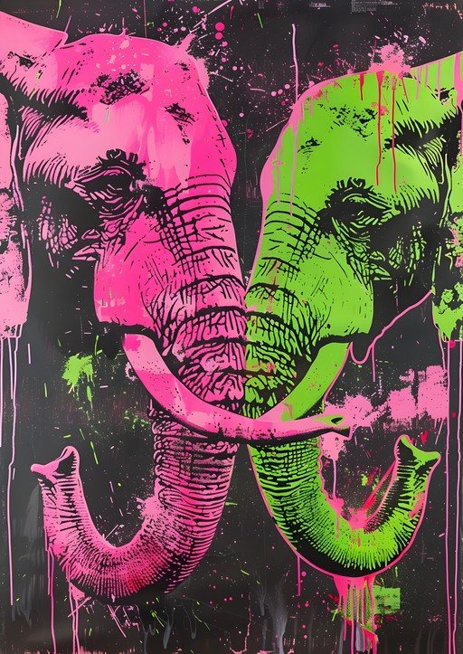 Vibrant Elephant Art: Pink and Green Abstract Portrait