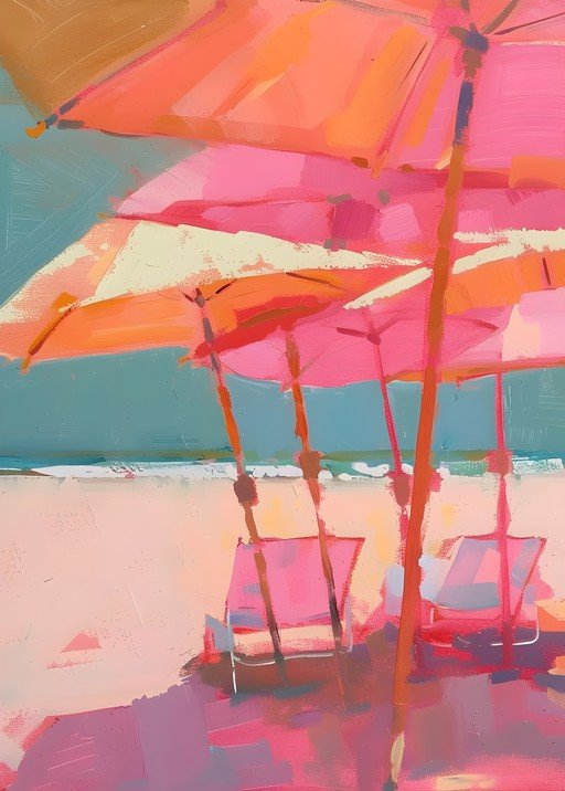 Vibrant Beach Umbrellas and Chairs in Impressionistic Style