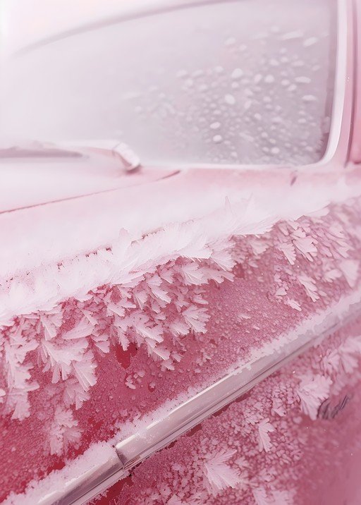 Frosty Car Hood with Delicate Ice Crystals