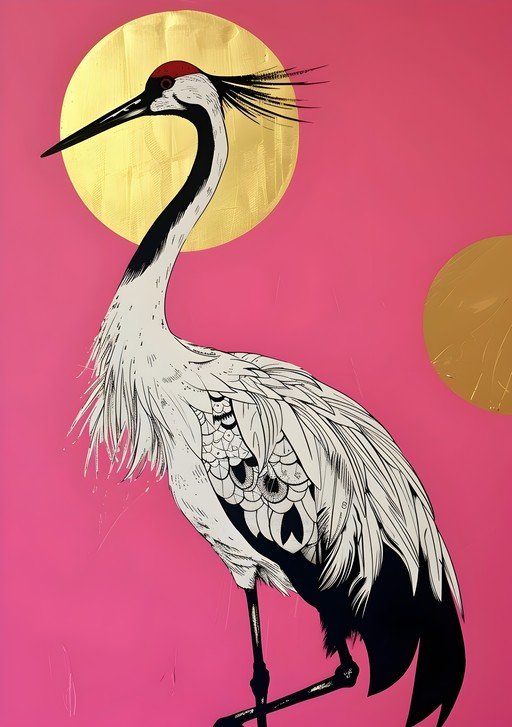 Elegant Crane Artwork with Gold Circles on Pink Background