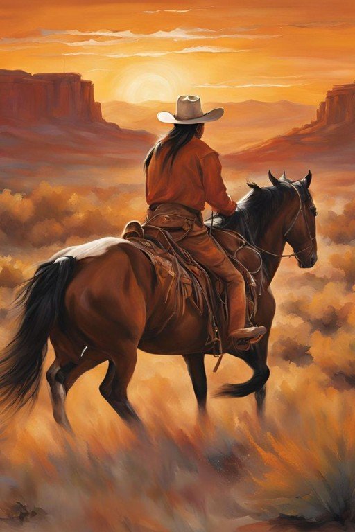 Cowboy on Horseback at Sunset in Desert Landscape
