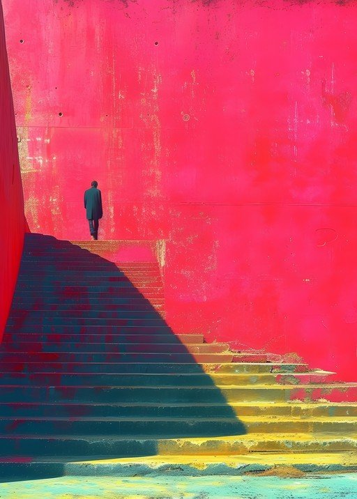 Man Ascends Stairs Against Vibrant Red Wall