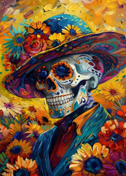 Vibrant Day of the Dead Skull with Floral Hat