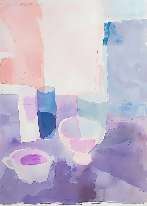 Abstract Still Life with Cups and Vases in Pastel Hues