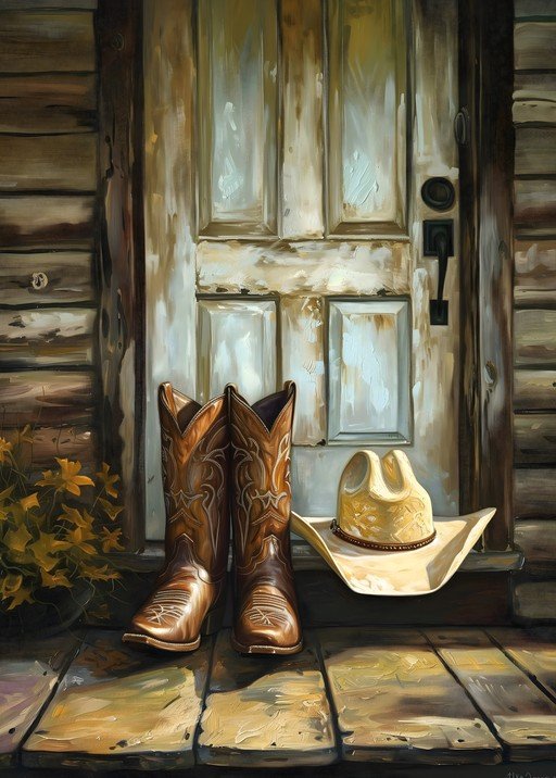 Cowboy Boots and Hat on Rustic Porch