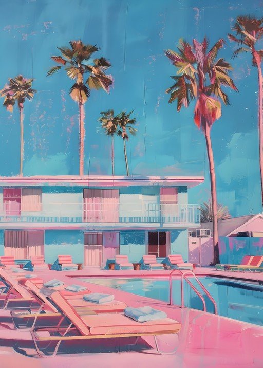 Retro Motel Poolside with Palm Trees