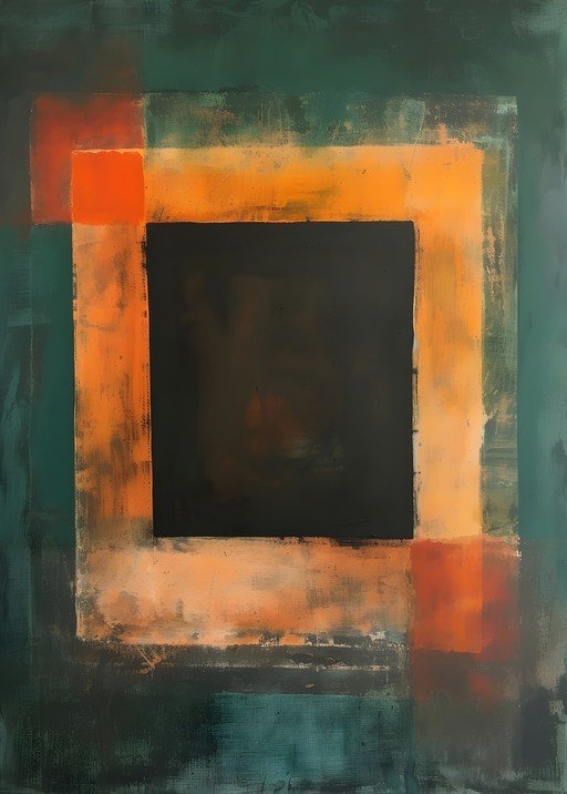 Abstract Geometric Painting with Orange, Black, and Teal