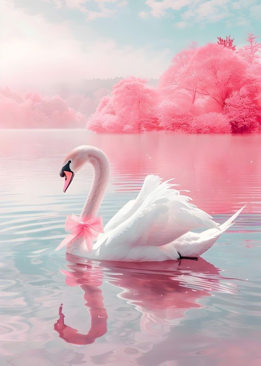 Elegant Swan with Pink Bow on Serene Pink Lake