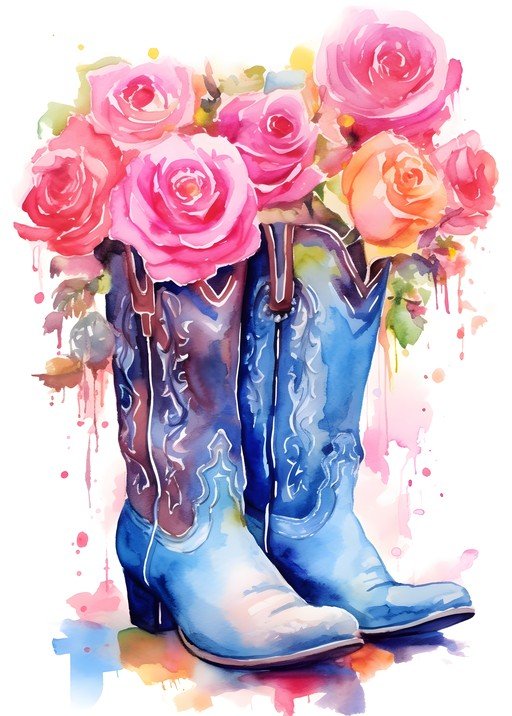Watercolor Cowboy Boots with Pink Roses