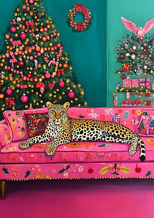 Leopard Lounges on Pink Sofa Amidst Festive Christmas Decor