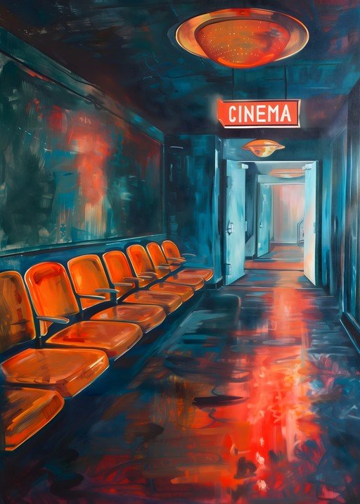 Vibrant Cinema Hallway with Orange Seats and Red Reflections