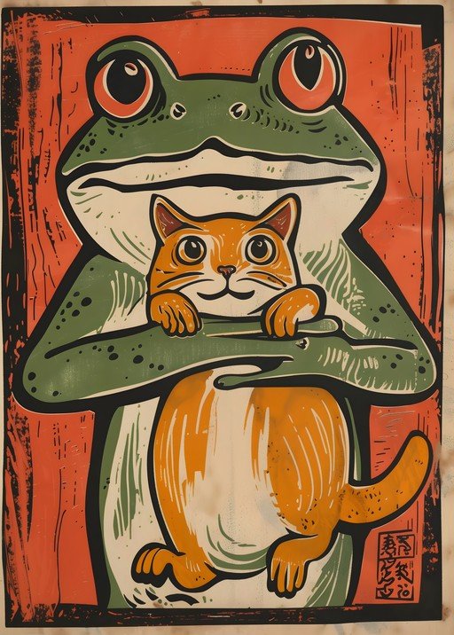 Whimsical Frog Hugs Orange Cat in Woodblock Print Style