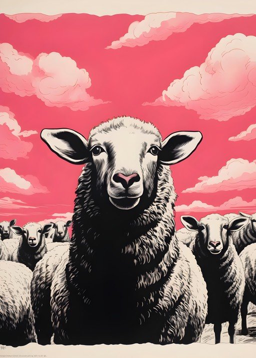 Flock of Sheep Under a Pink Sky