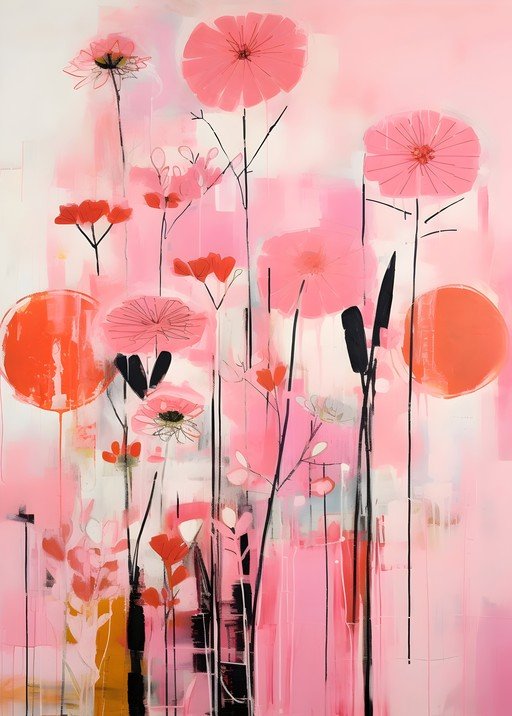 Abstract Pink Floral Painting with Orange Accents