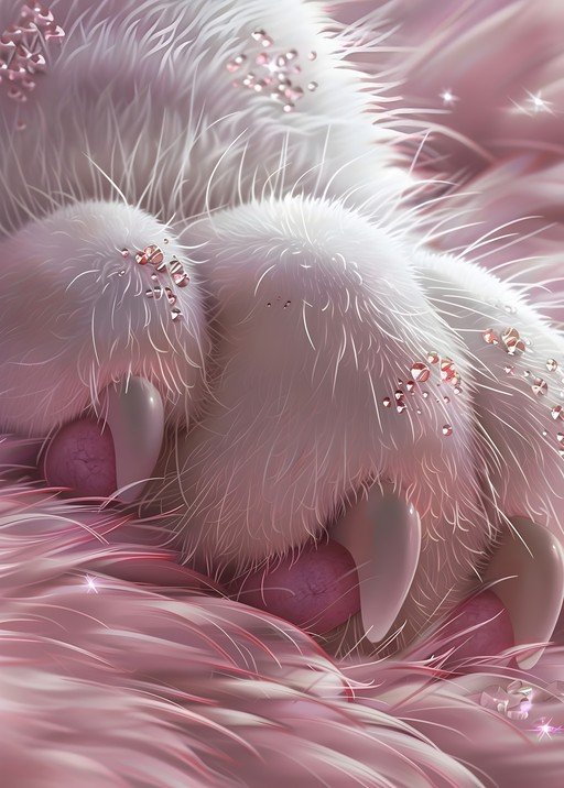 Close-up of a fluffy white paw with pink accents