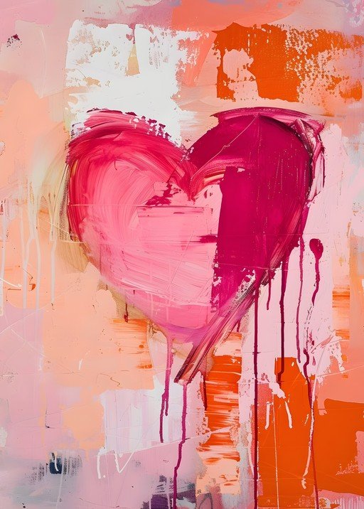 Abstract Heart Painting with Vibrant Pink and Orange Hues
