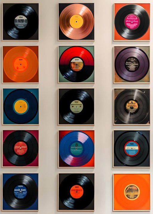Collection of Framed Vinyl Records on a Wall