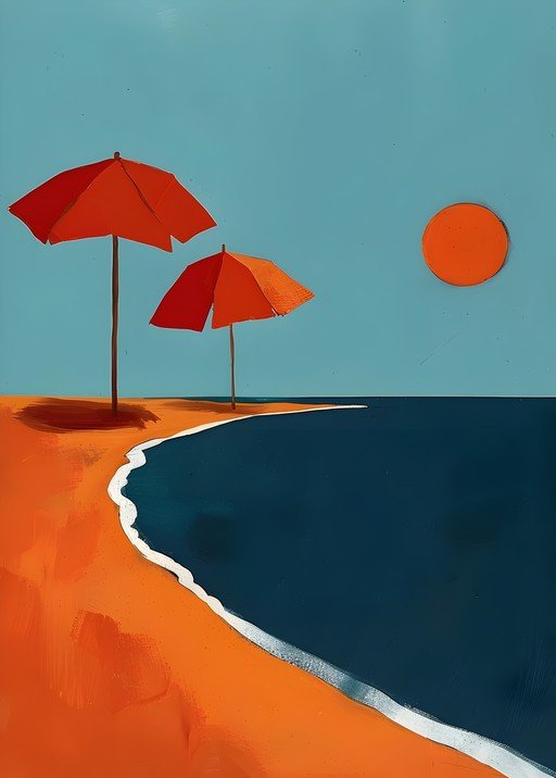 Minimalist Beach Scene with Orange Umbrellas