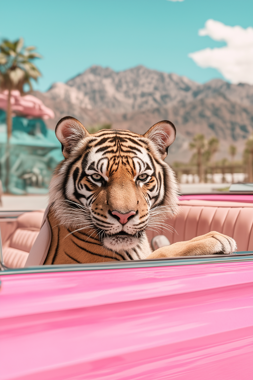 Tiger in Pink Convertible