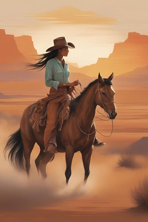 Cowgirl Riding Horse in Desert Landscape at Sunset