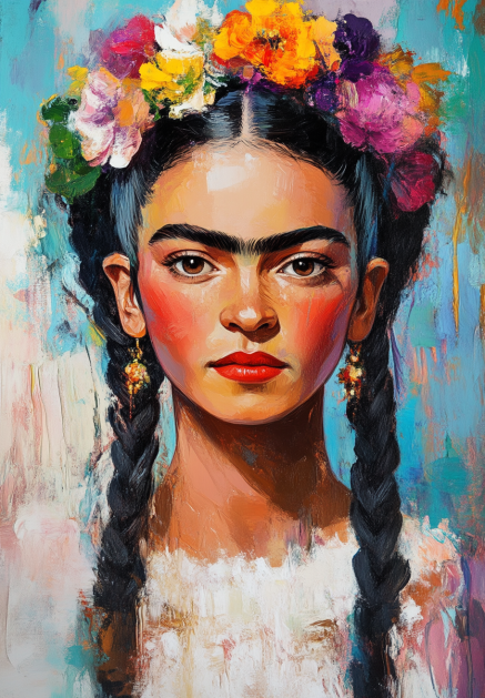 Vibrant Portrait of Frida Kahlo with Floral Headdress