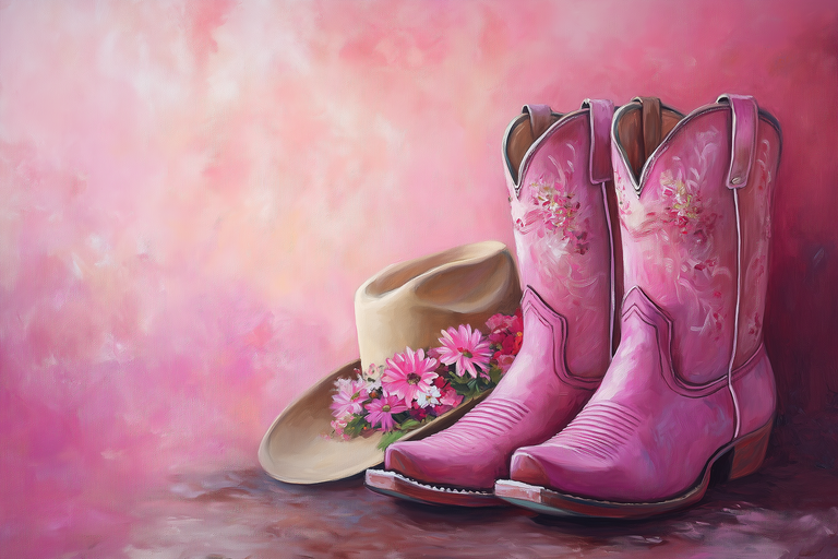 Pink Cowboy Boots and Hat with Flowers
