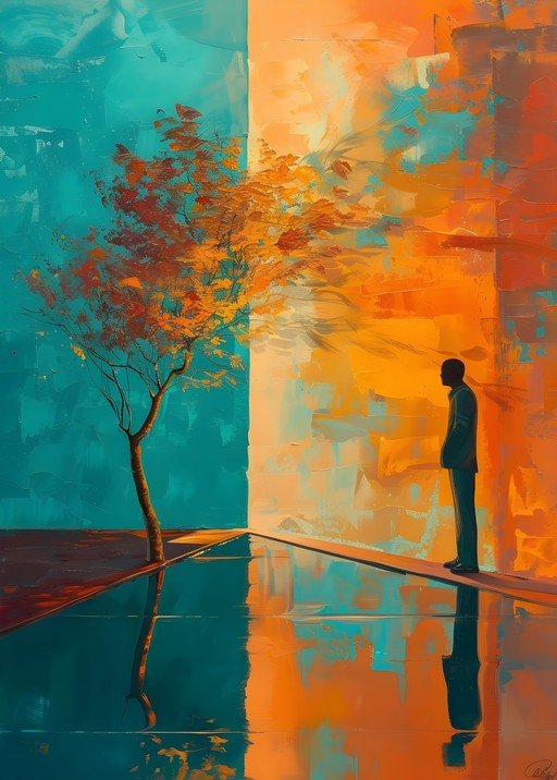 Man and Tree in Abstract Autumn Landscape