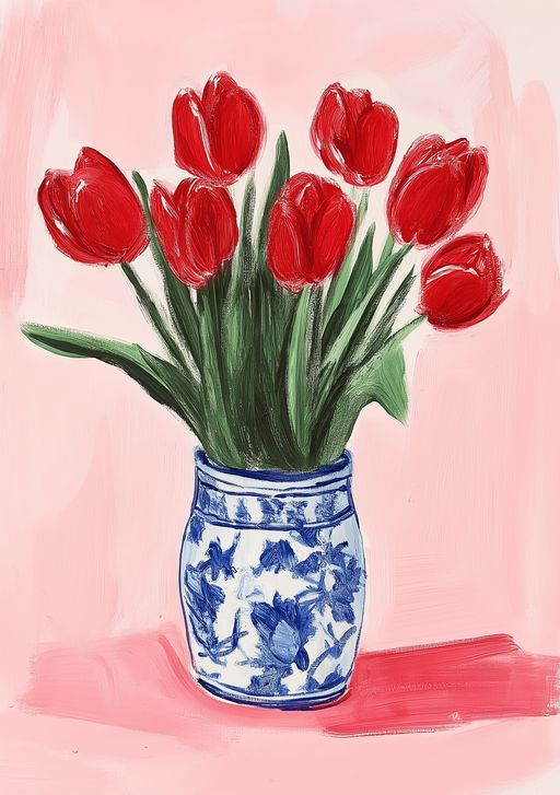 Vibrant Red Tulips in Blue and White Vase