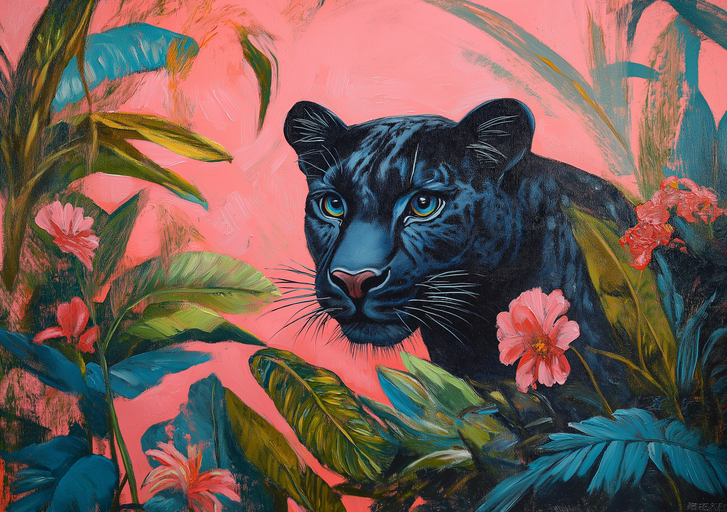 Black Panther in Lush Tropical Pink Jungle