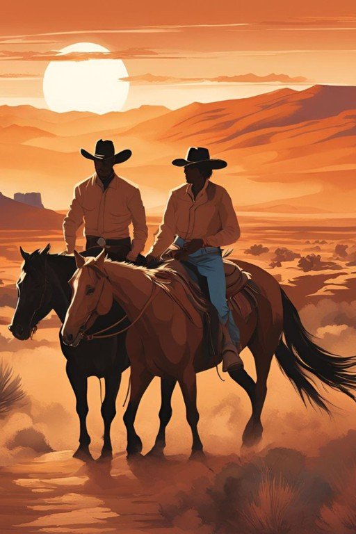 Cowboys Riding Horses at Sunset in Desert Landscape