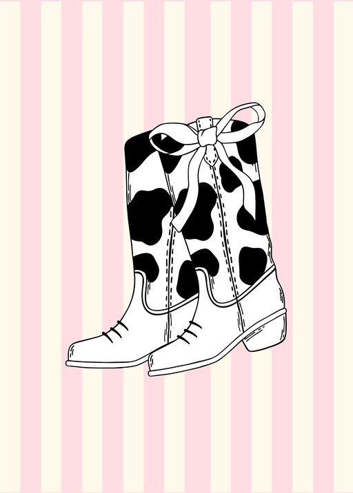Cow Print Cowboy Boots with Pink and Cream Stripes