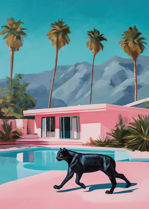 Black Panther Roams Pink Desert Oasis