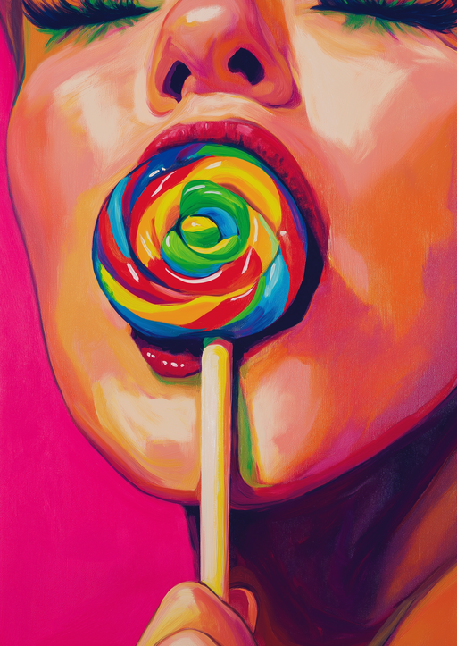 Vibrant Pop Art Portrait of Woman Enjoying a Lollipop