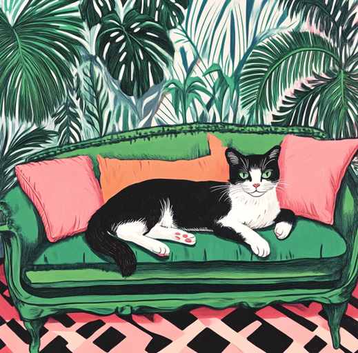 Tuxedo Cat Lounging on a Green Sofa Amidst Tropical Foliage