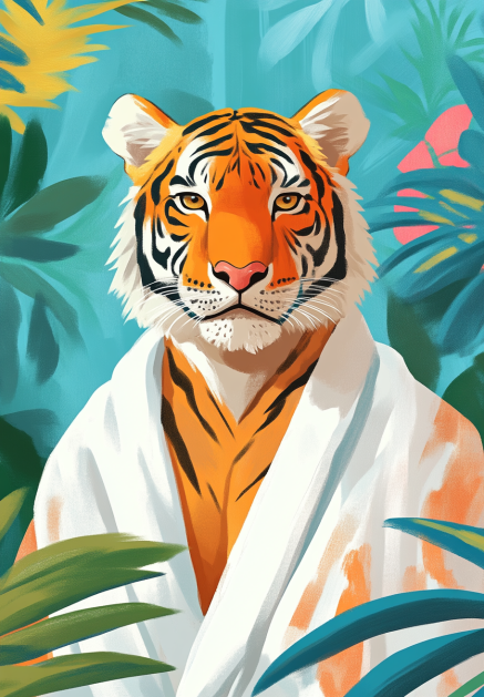 Tiger in a Robe Amidst Tropical Foliage