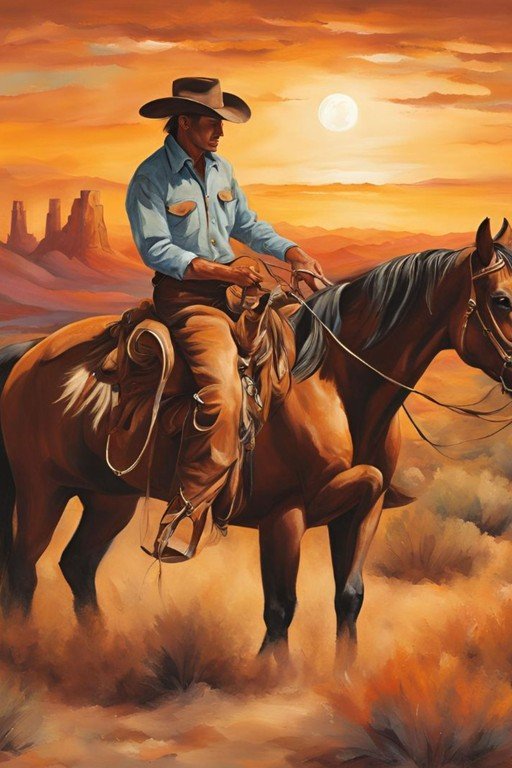 Cowboy Riding Horse in Desert Sunset