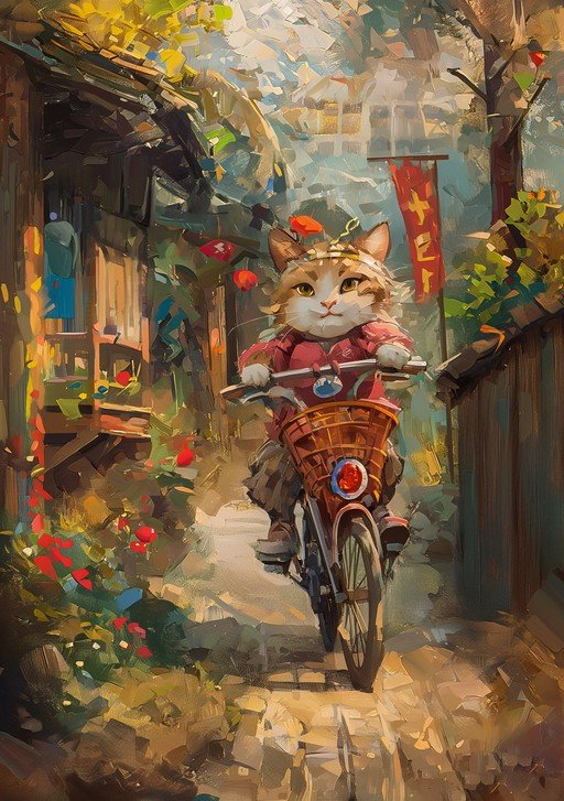 Whimsical Cat Rides Bicycle Through Charming Alley
