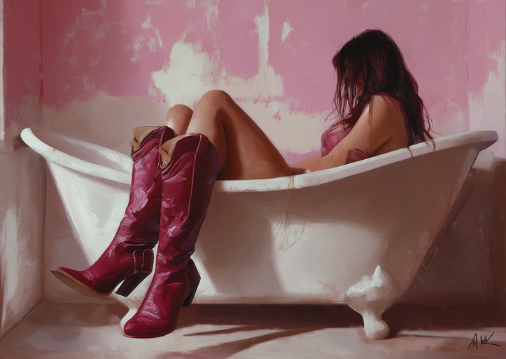 Woman in Cowboy Boots Relaxing in a Bathtub