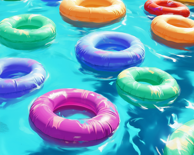 Colorful Inflatable Rings Floating on Water