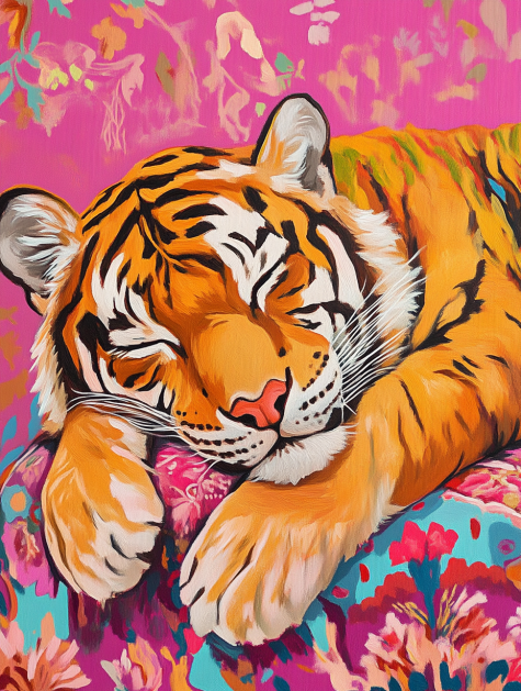 Sleeping Tiger on Floral Pattern