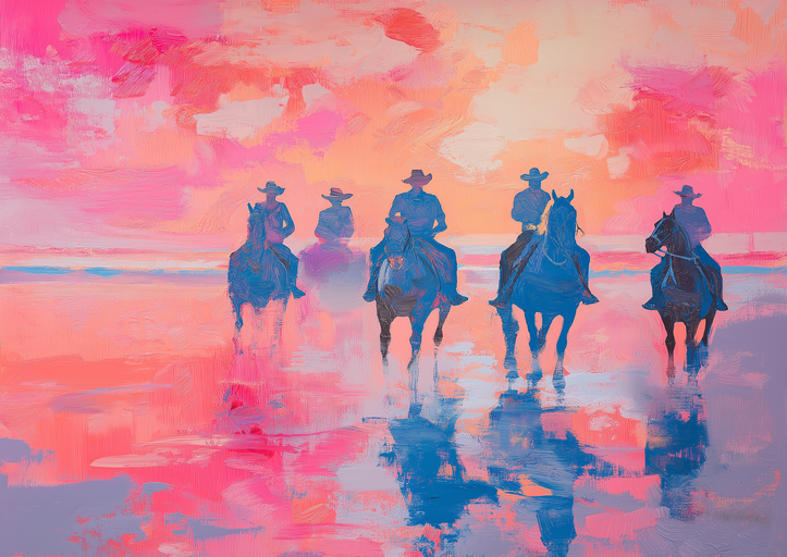 Cowboys on Horseback at Sunset