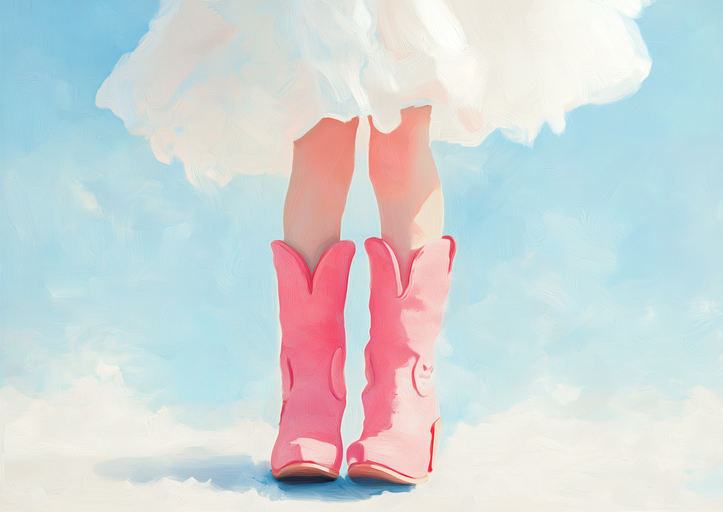Pink Cowboy Boots and White Dress Against Sky
