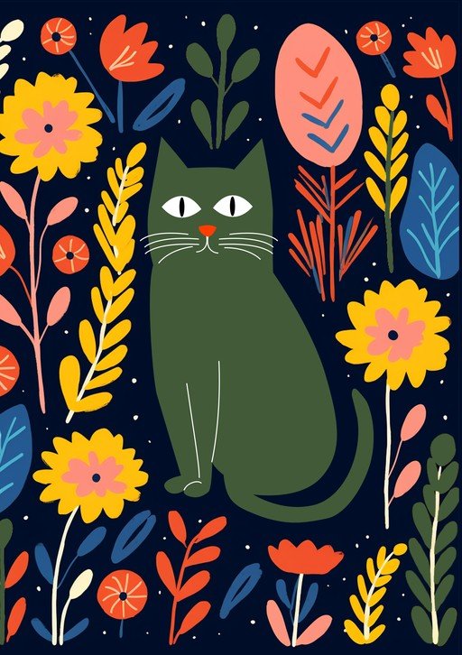 Whimsical Green Cat Amidst Colorful Floral Garden