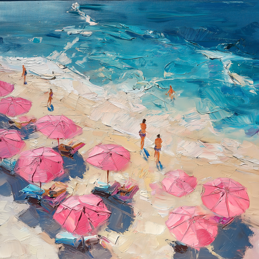 Impressionist Beach Scene with Pink Umbrellas