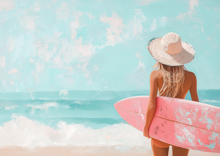 Surfer Girl with Pink Board on Beach