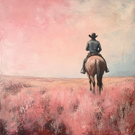 Cowboy Riding Through Pink Fields at Sunset