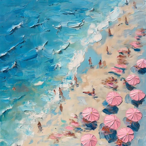 Impressionist Beach Scene with Pink Umbrellas and People